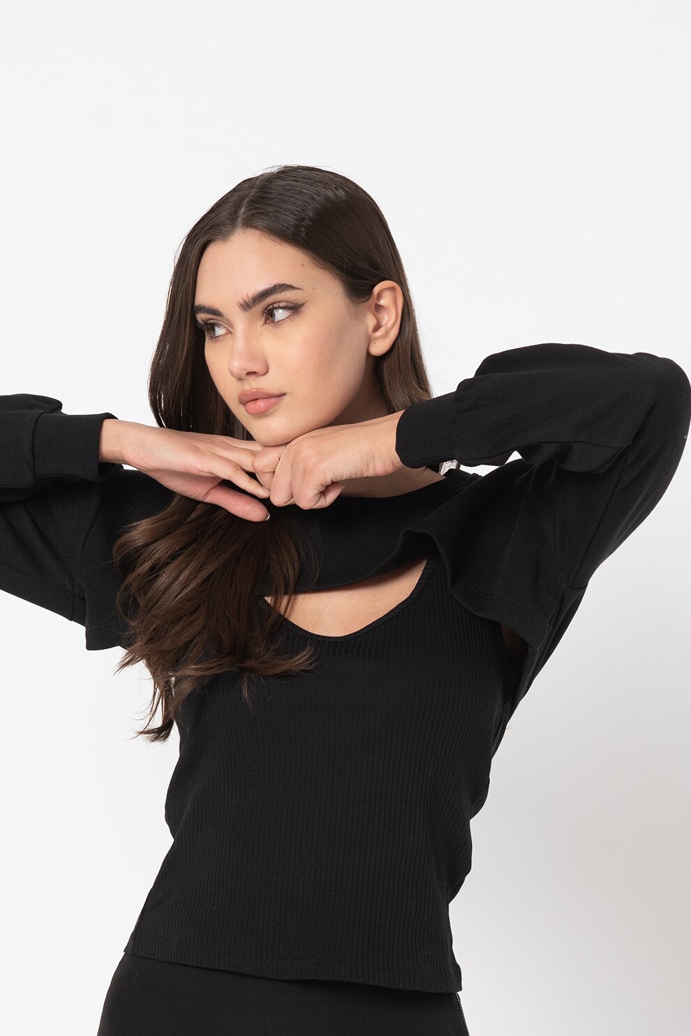 Only, Bluza sport crop cu maneci cazute Vanesa, Negru