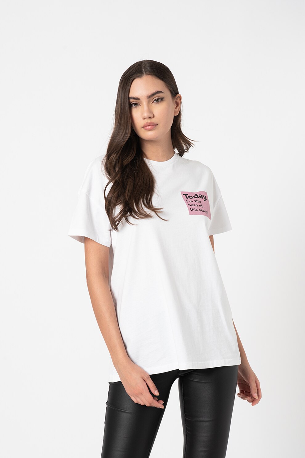Only, Tricou supradimensionat cu imprimeu text Sonia, Alb