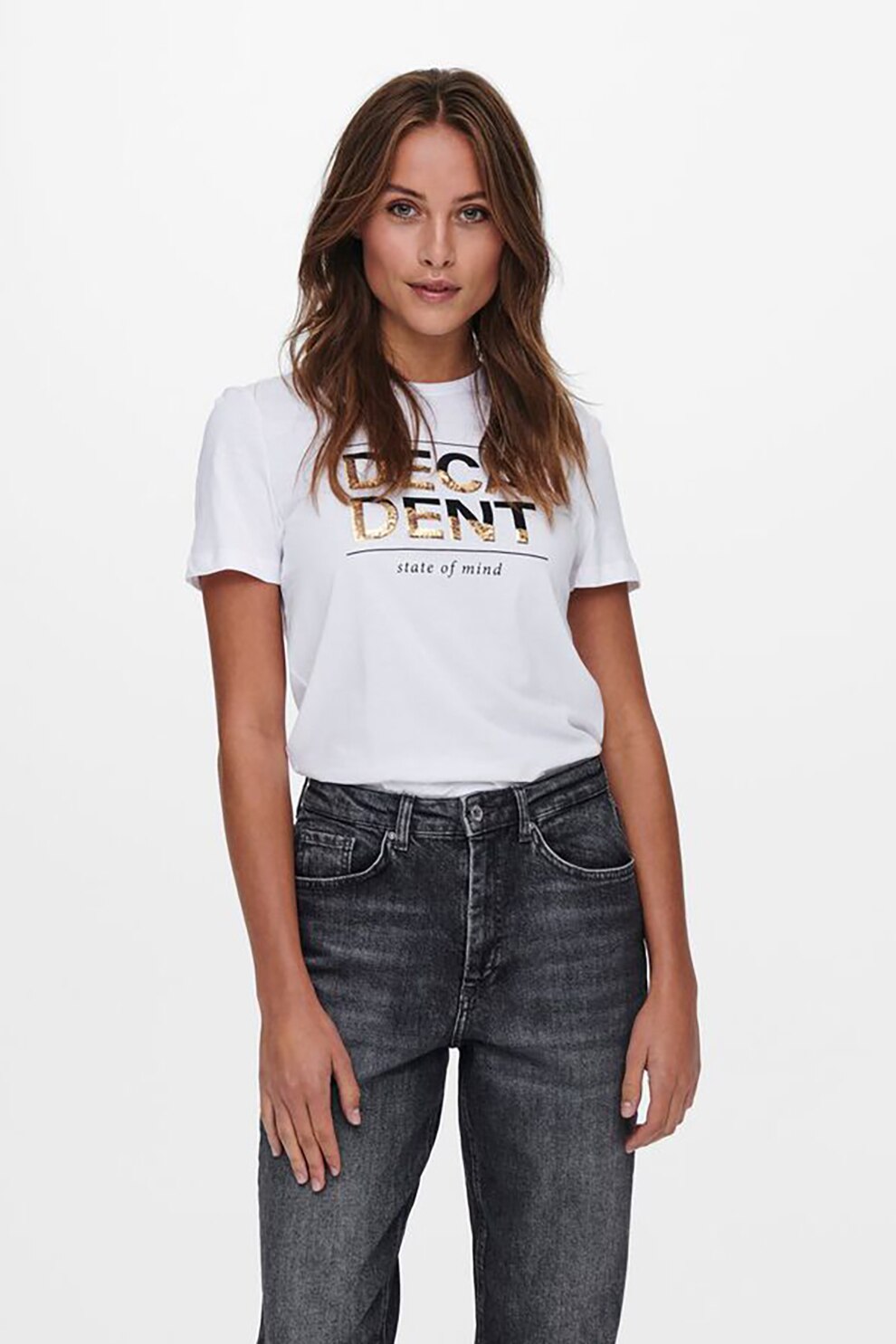 Only, Tricou din bumbac cu imprimeu text, Alb/Negru/Auriu
