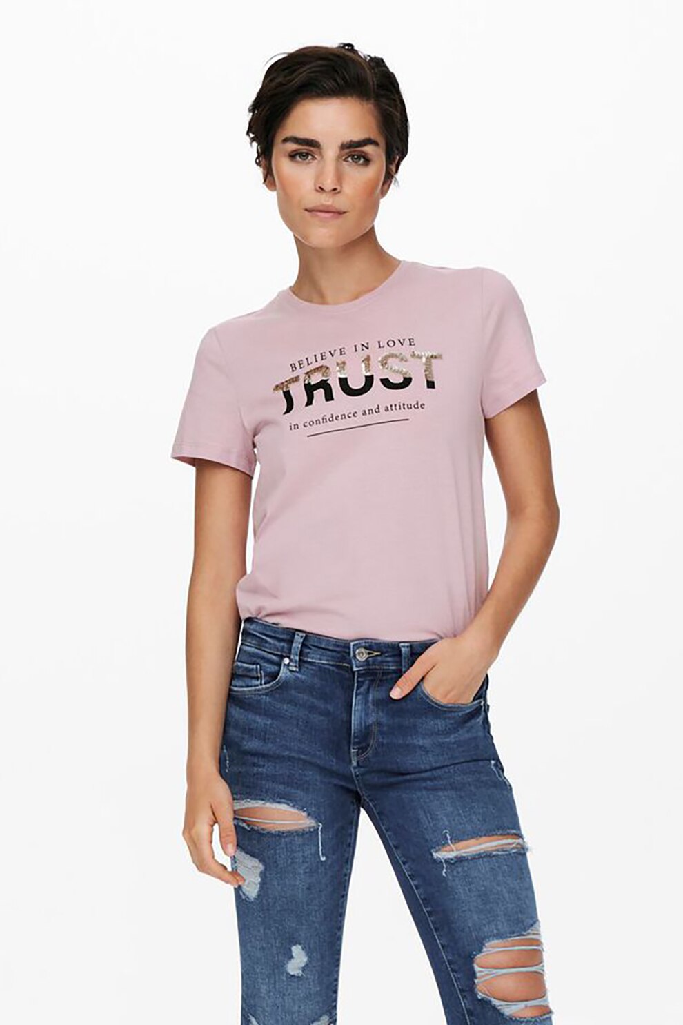 Only, Tricou din bumbac cu imprimeu text, Lila prafuit/auriu/negru