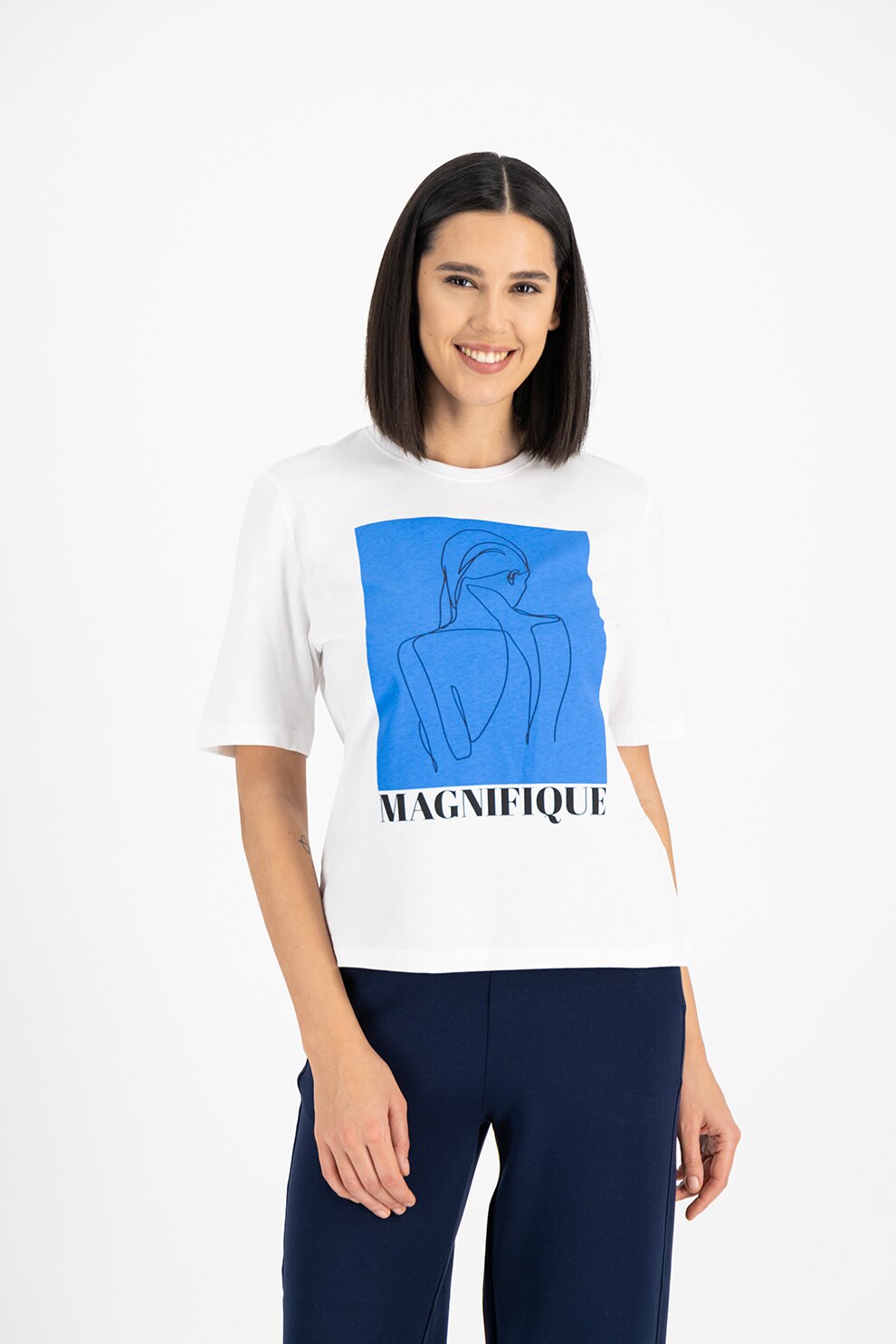 Only, Tricou din bumbac cu imprimeu grafic Sandy, Alb/Albastru