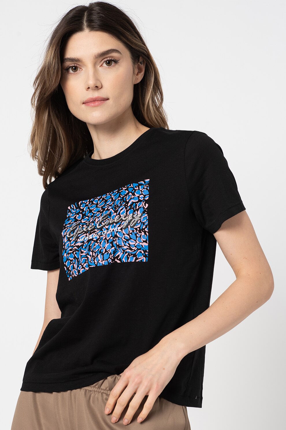 Only, Tricou cu decolteu la baza gatului si aplicatii cu paiete Kita, Negru/Albastru inchis/Roz prafuit