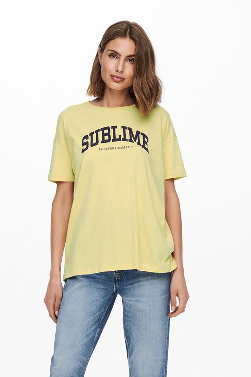 Only, Tricou supradimensionat cu maneci cazute, Galben pal/Bleumarin inchis