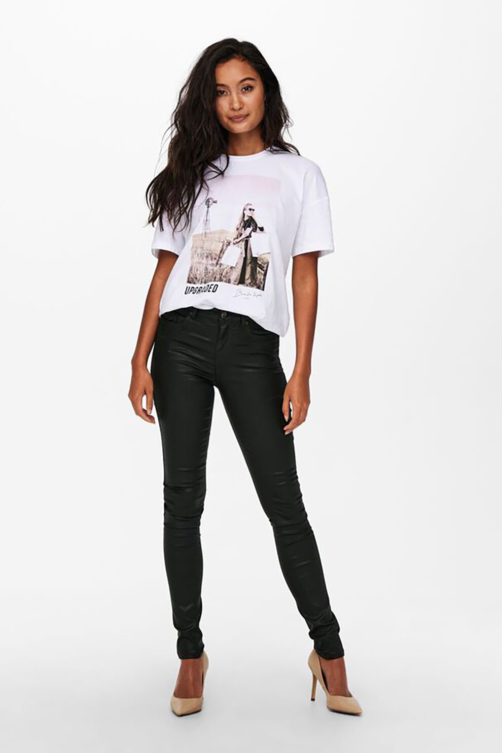 Only, Tricou supradimensionat cu imprimeu, Alb/roz pal/grej