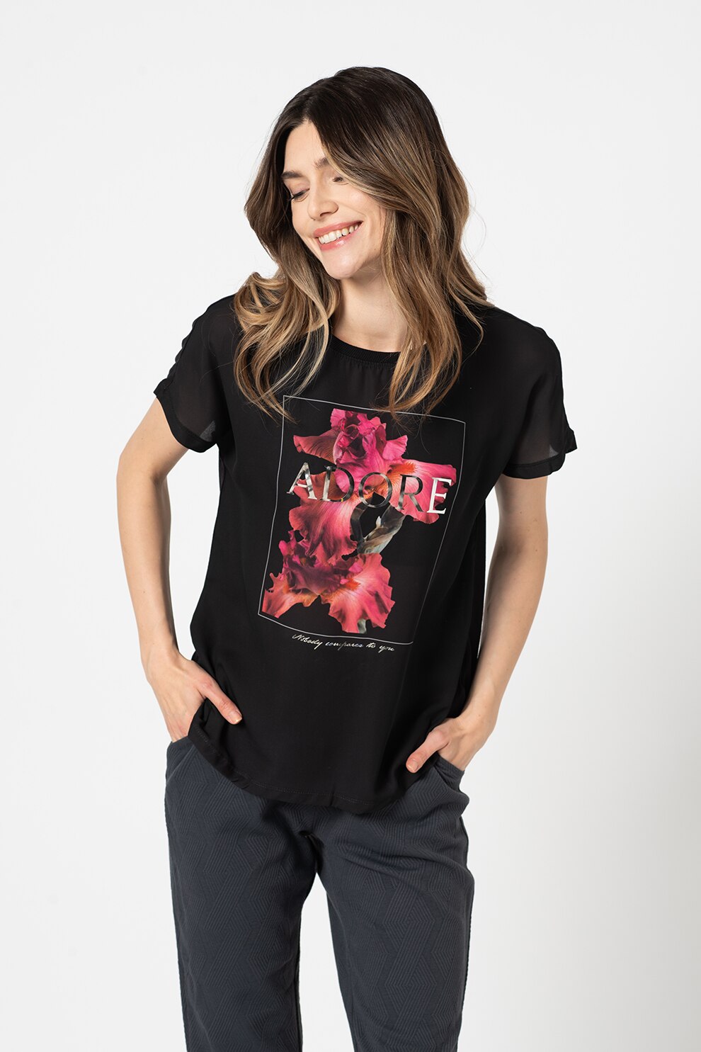Only, Tricou din viscoza cu decolteu la baza gatului Falton, Negru/Roz inchis