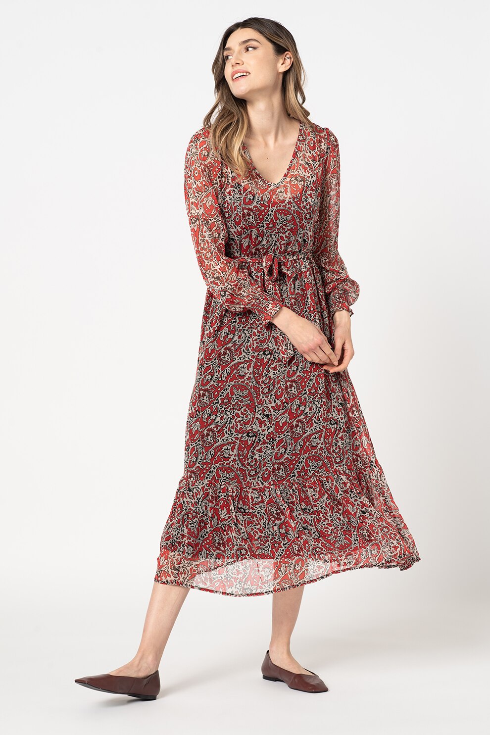 Only, Rochie midi vaporoasa cu imprimeu Irena, Rosu/Alb prafuit/Negru