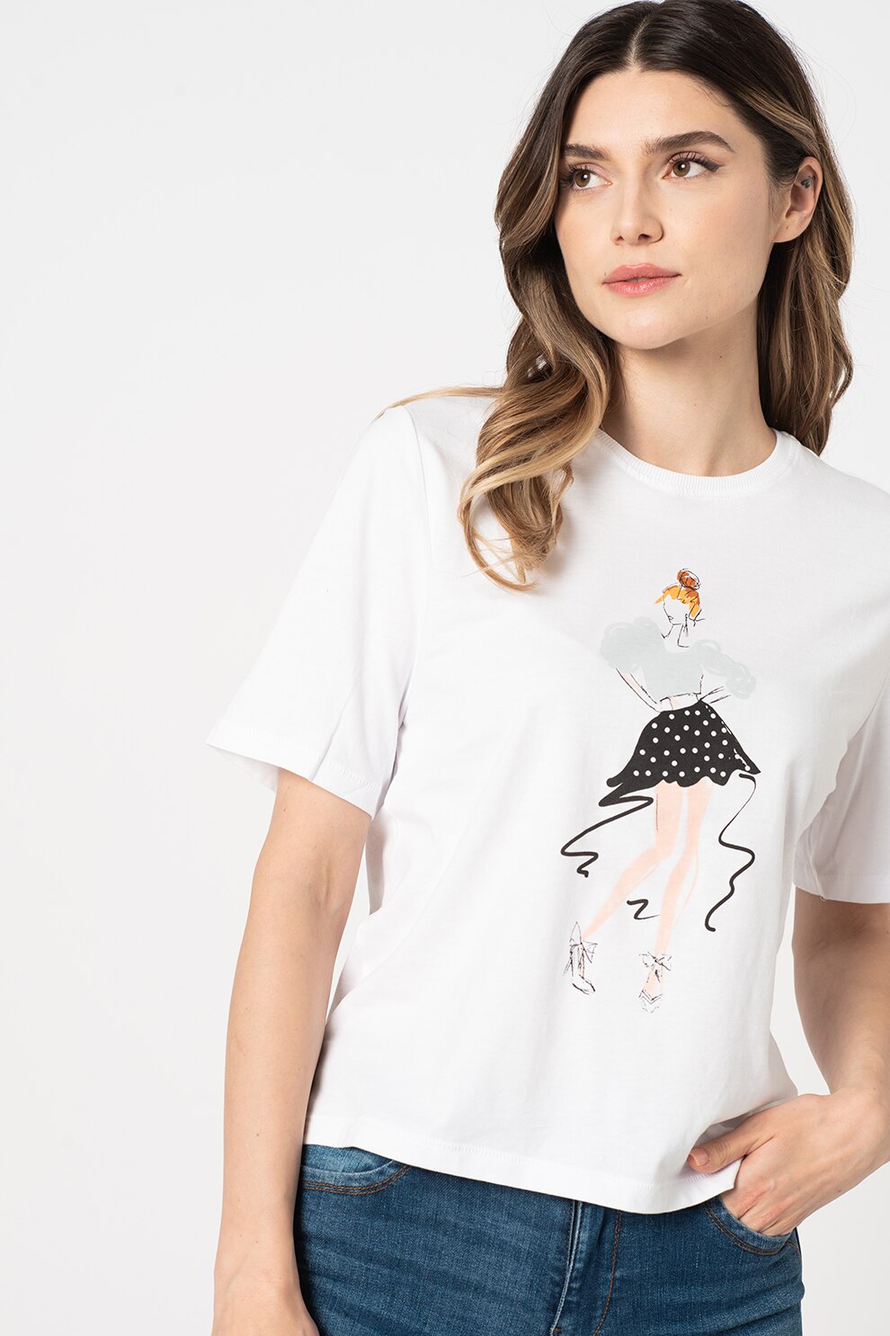 Only, Tricou cu decolteu la baza gatului si imprimeu grafic, Alb/Gri/Negru