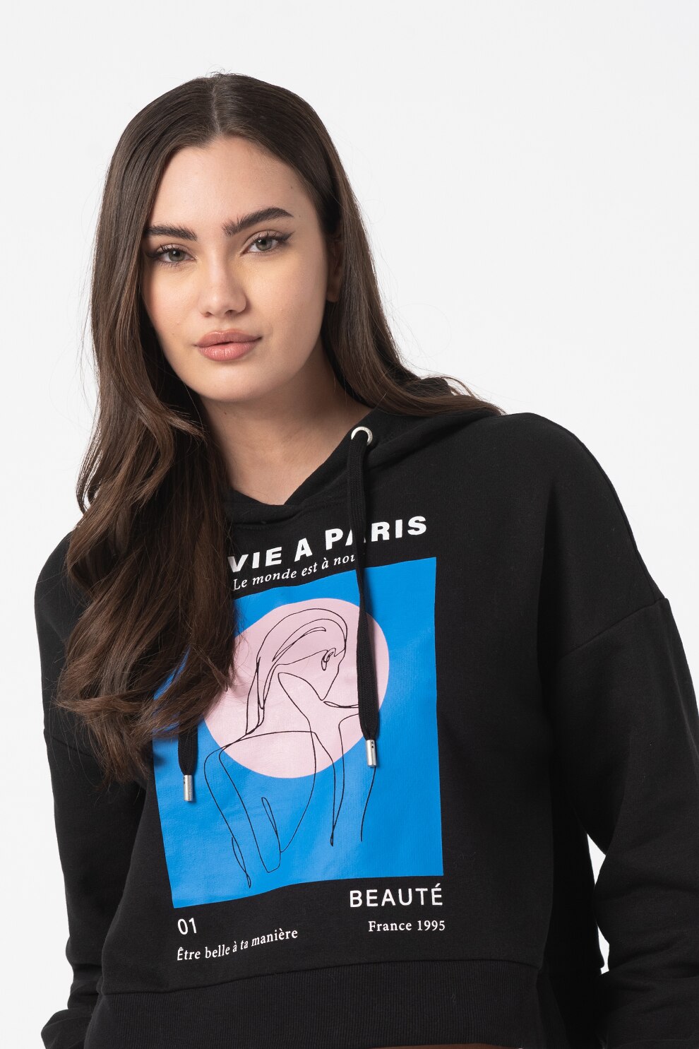 Only, Hanorac cu imprimeu si maneci cazute Sanny, Negru/Albastru royal/Roz