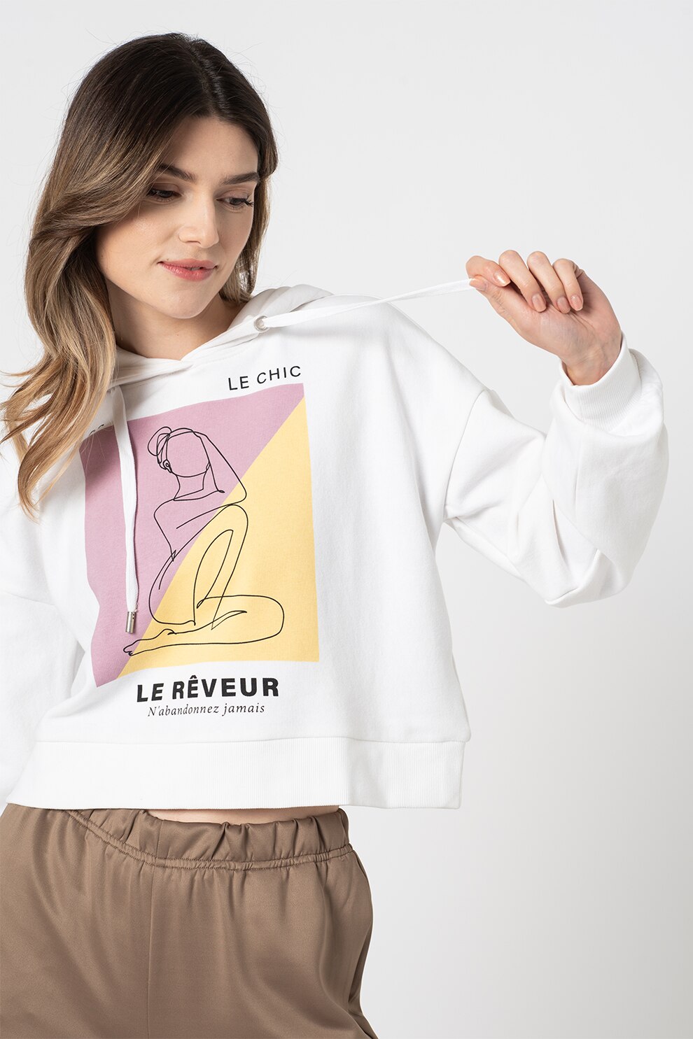 Only, Hanorac cu imprimeu si maneci cazute Sanny, Alb/Roz prafuit/Galben