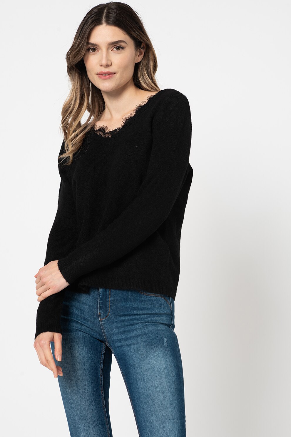 Only, Pulover cu decolteu in V si insertii de dantela Julie, Negru