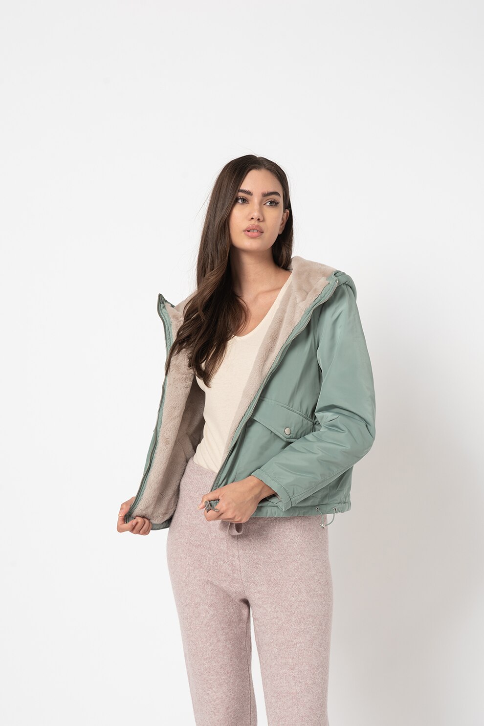 Only, Jacheta reversibila cu gluga Dahlia, Verde menta, S