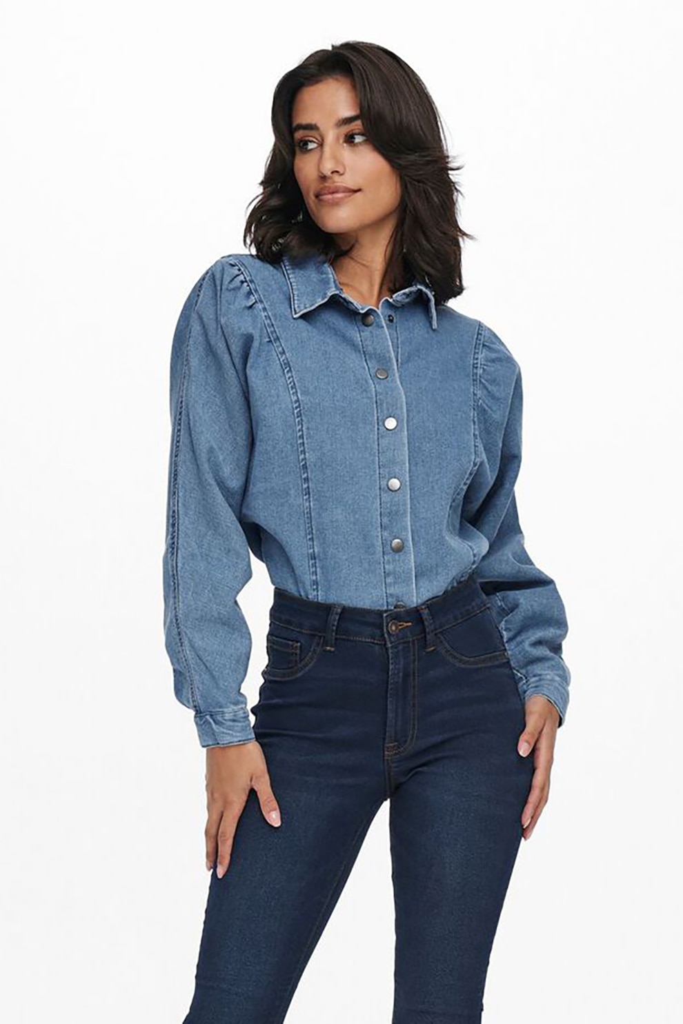 JdY, Camasa supradimensionata de denim cu maneci bufante, Albastru