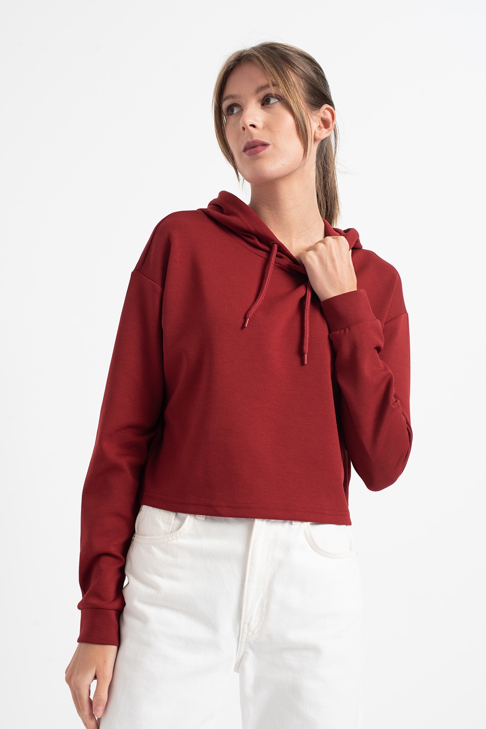 Only Play, Hanorac crop cu maneci cazute si snur, Rosu inchis