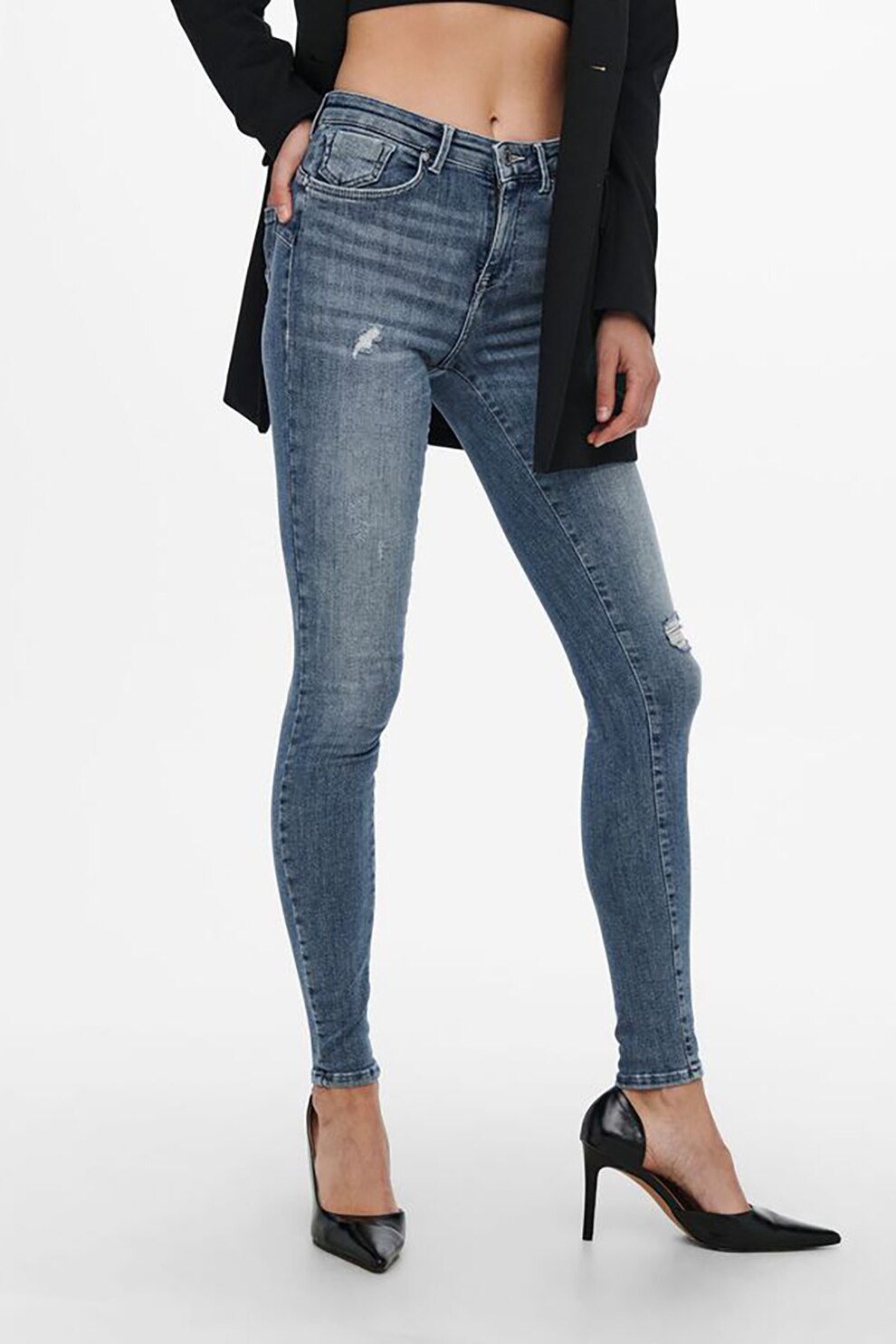 Only, Blugi skinny cu detalii deteriorate, Albastru/Alb