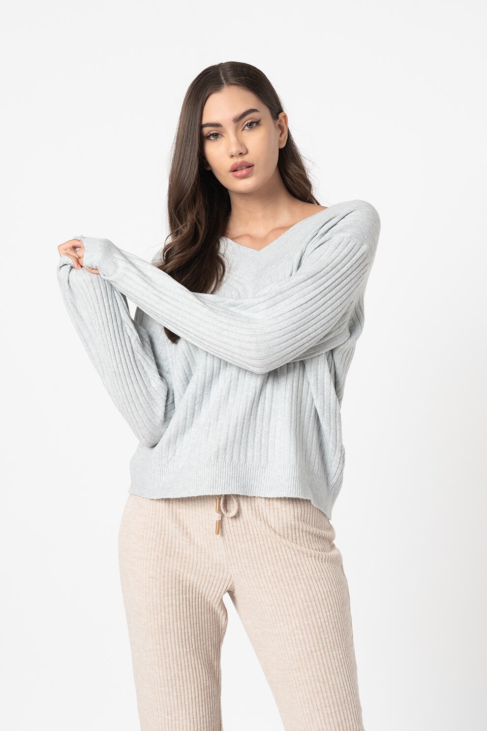 Only, Pulover cu aspect striat Cari, Gri deschis melange