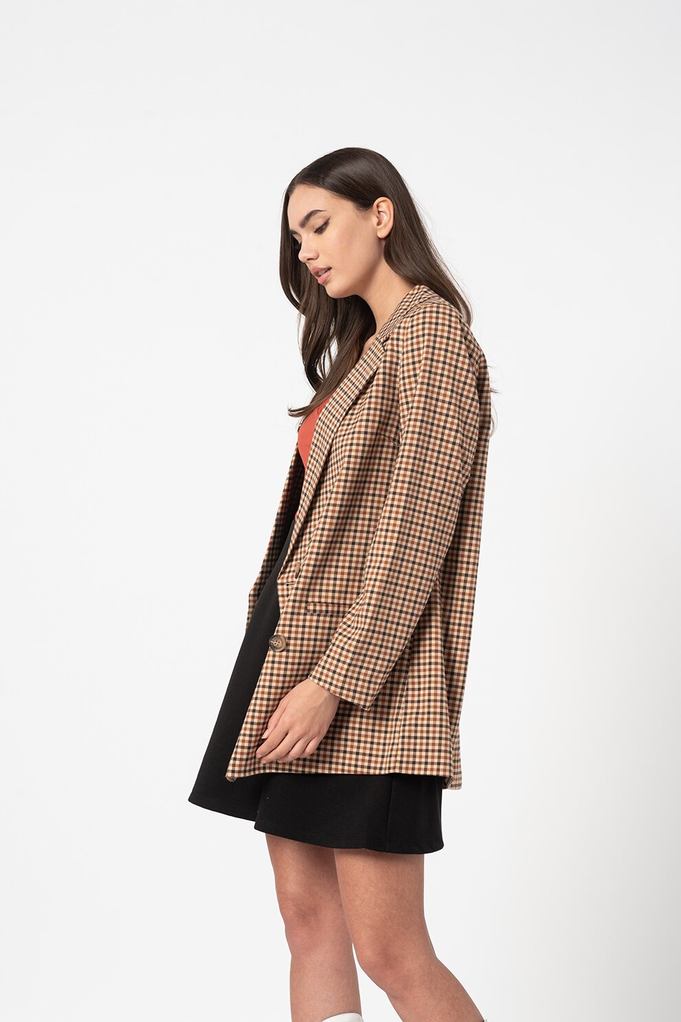 Only, Sacou lung in carouri Dita, Negru/Bej/Maro