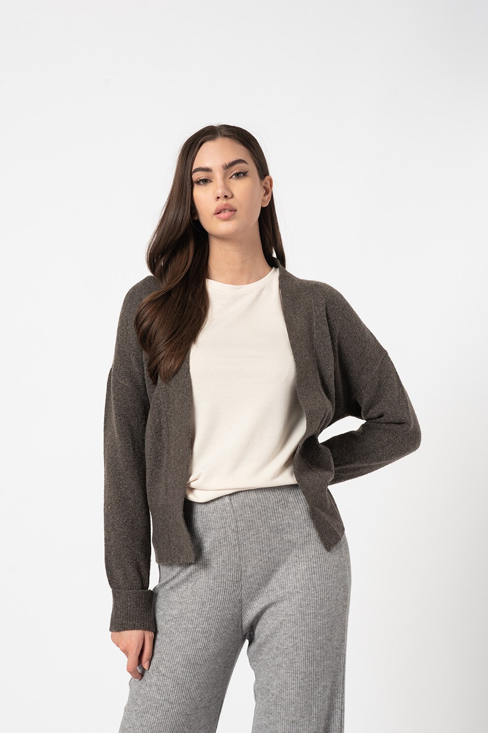 JdY, Cardigan cu un cordon in talie Pamela, Maro inchis