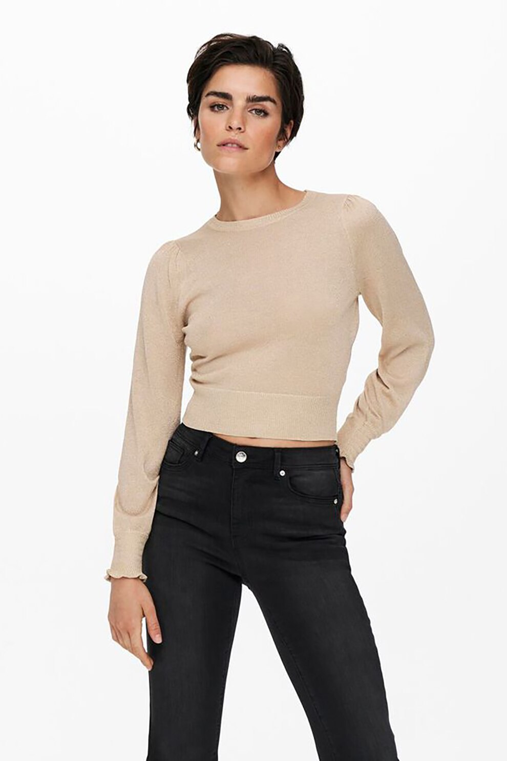 Only, Pulover crop cu mansete striate, Cafeniu
