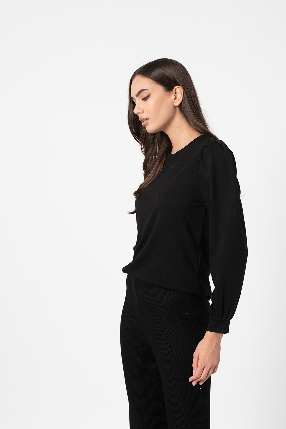 JdY, Bluza cu decolteu la baza gatului si maneci bufante Bibi, Negru