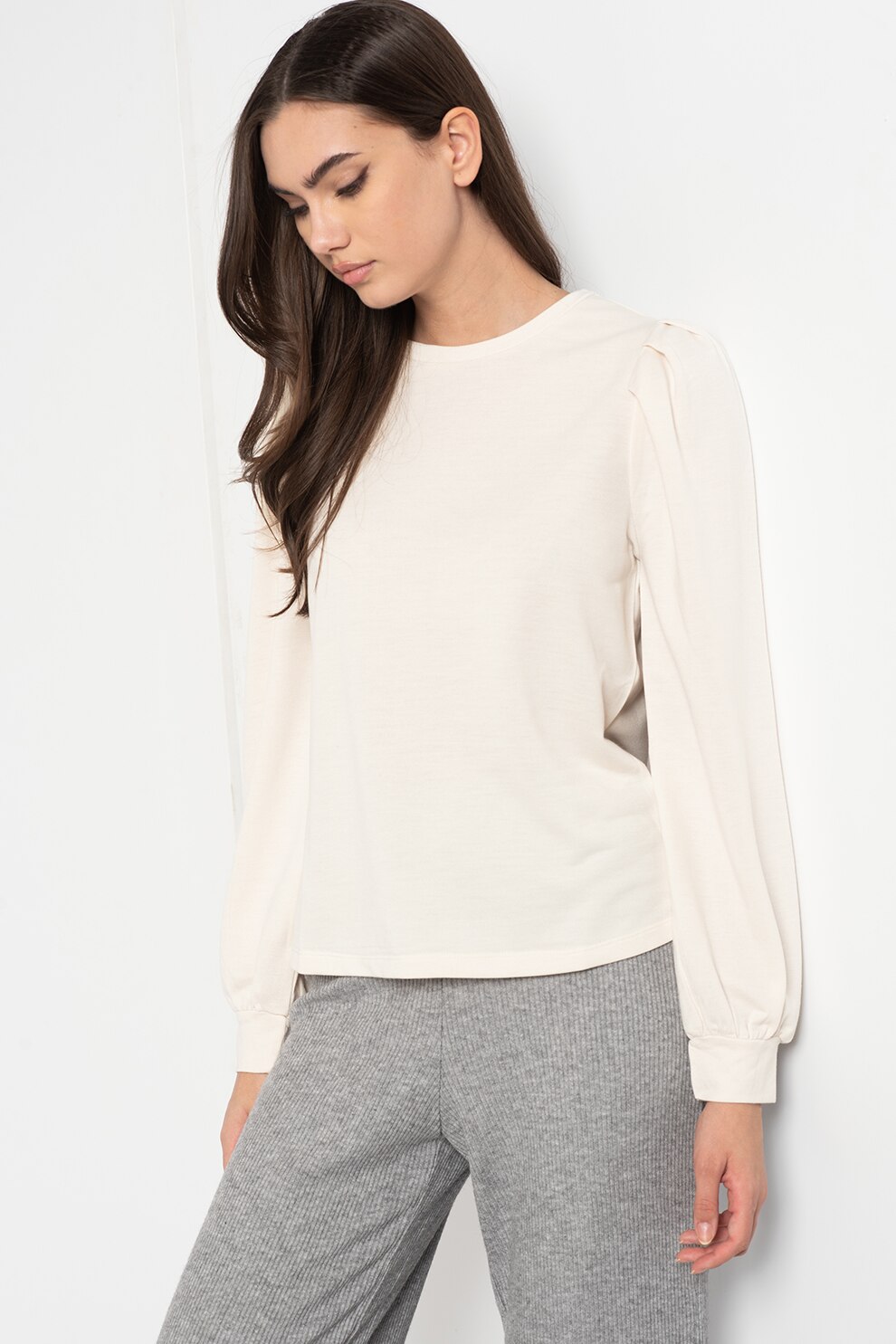 JdY, Bluza cu decolteu la baza gatului si maneci bufante Bibi, Bej deschis