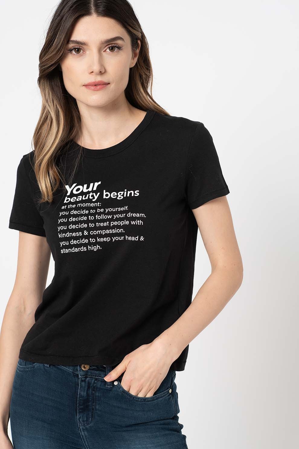 JdY, Tricou de bumbac cu decolteu la baza gatului si imprimeu Michigan, Negru/Alb