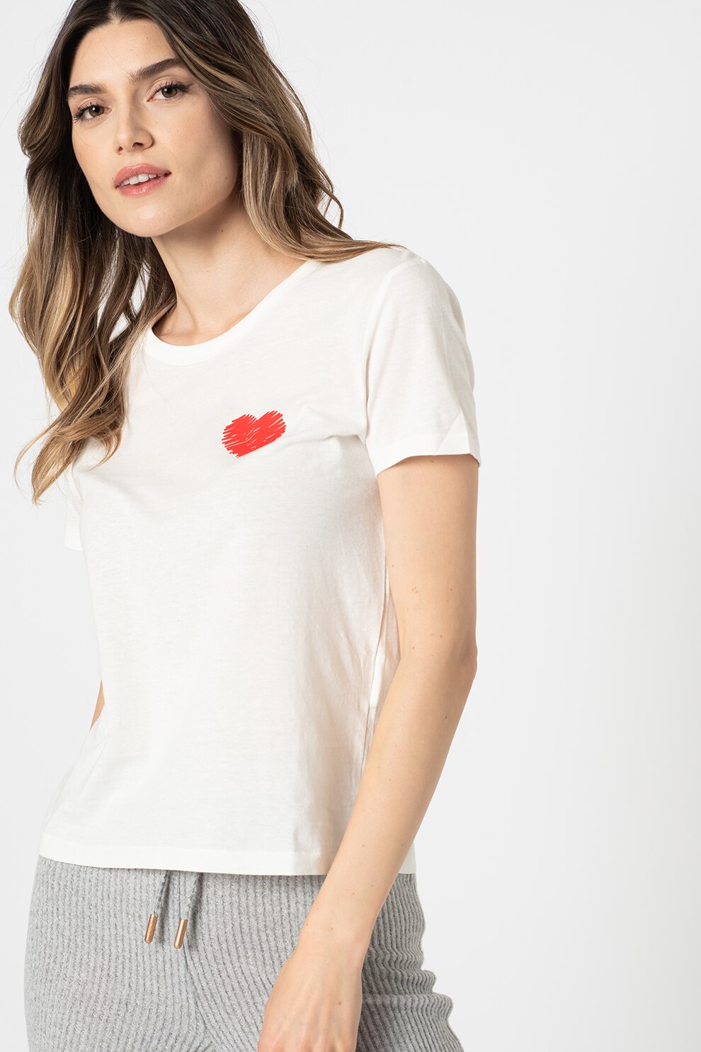JdY, Tricou de bumbac cu decolteu la baza gatului si imprimeu Michigan, Alb/Rosu