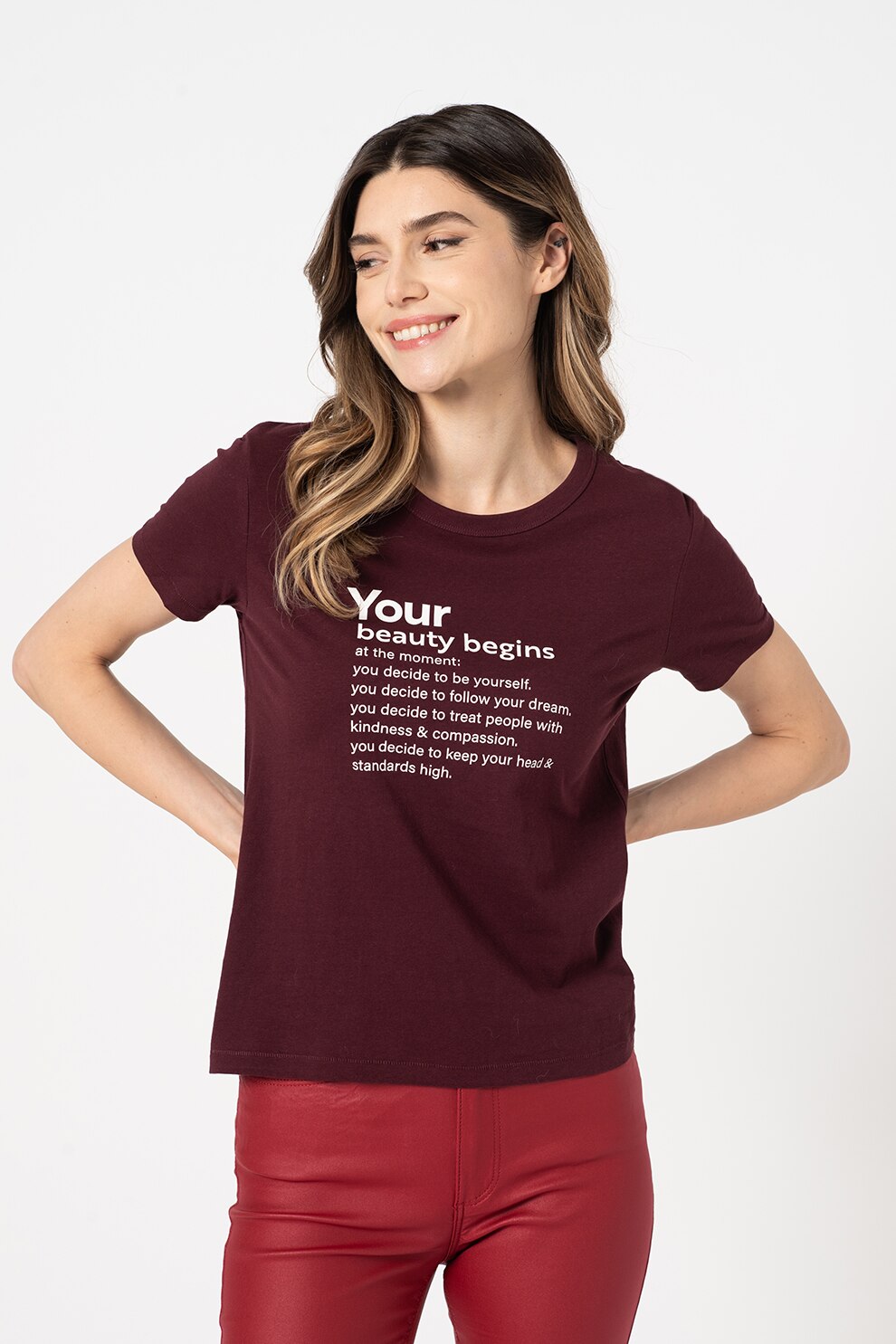 JdY, Tricou de bumbac cu decolteu la baza gatului si imprimeu Michigan, Rosu Bordeaux/Alb