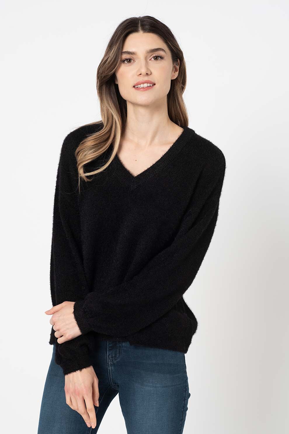 JdY, Pulover cu decolteu in V si aspect pufos Alessi, Negru