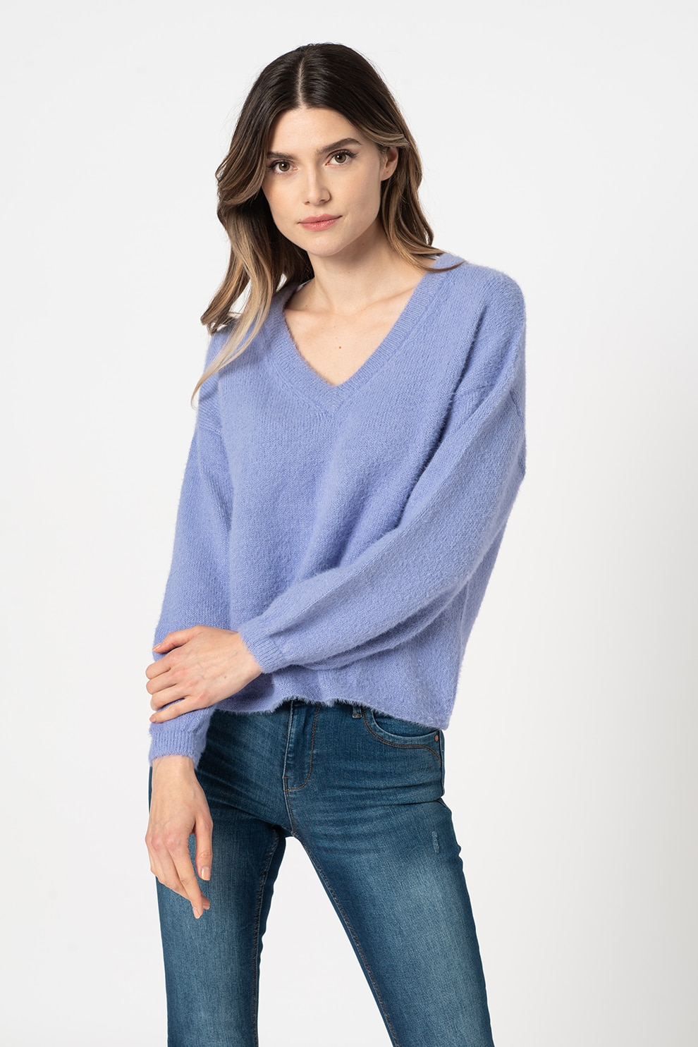 JdY, Pulover cu decolteu in V si aspect pufos Alessi, Albastru lavanda