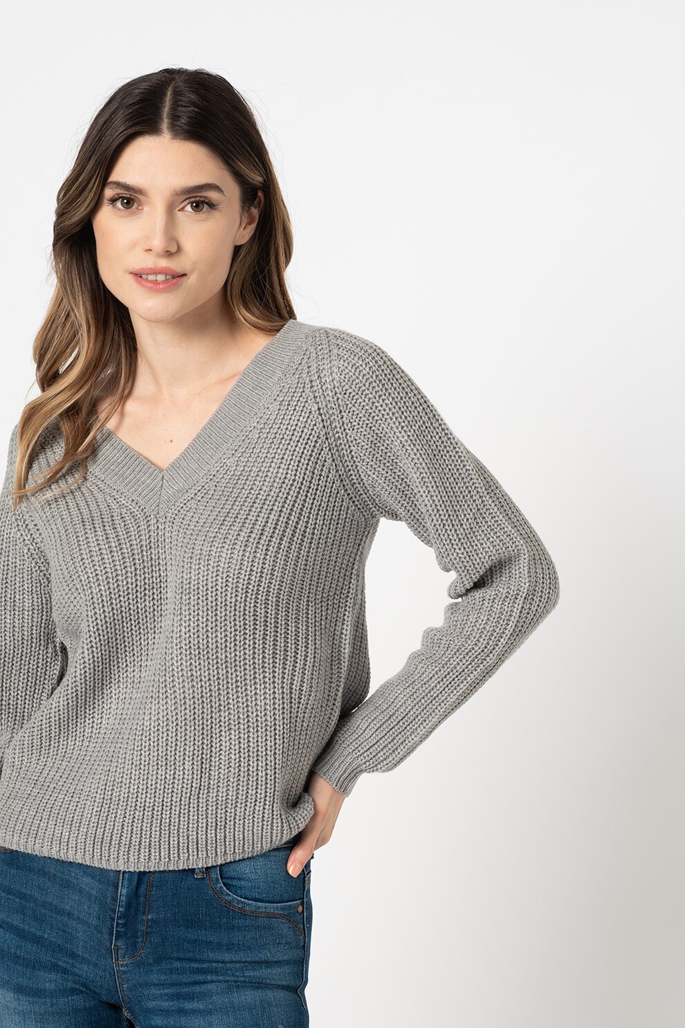 JdY, Pulover cu decolteu in V Lori, Gri deschis