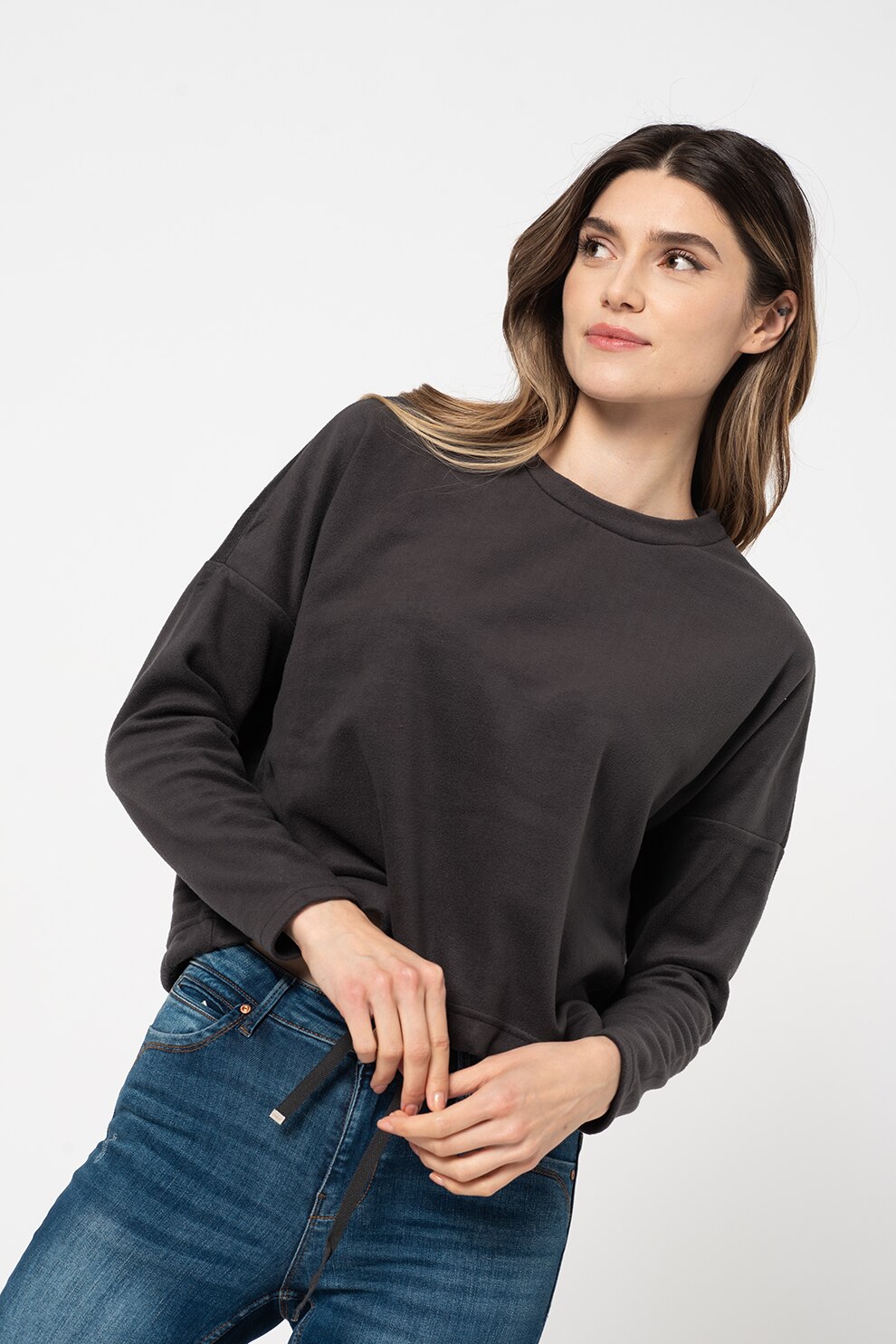 Only, Bluza sport de fleece cu maneci cazute Karo, Gri inchis