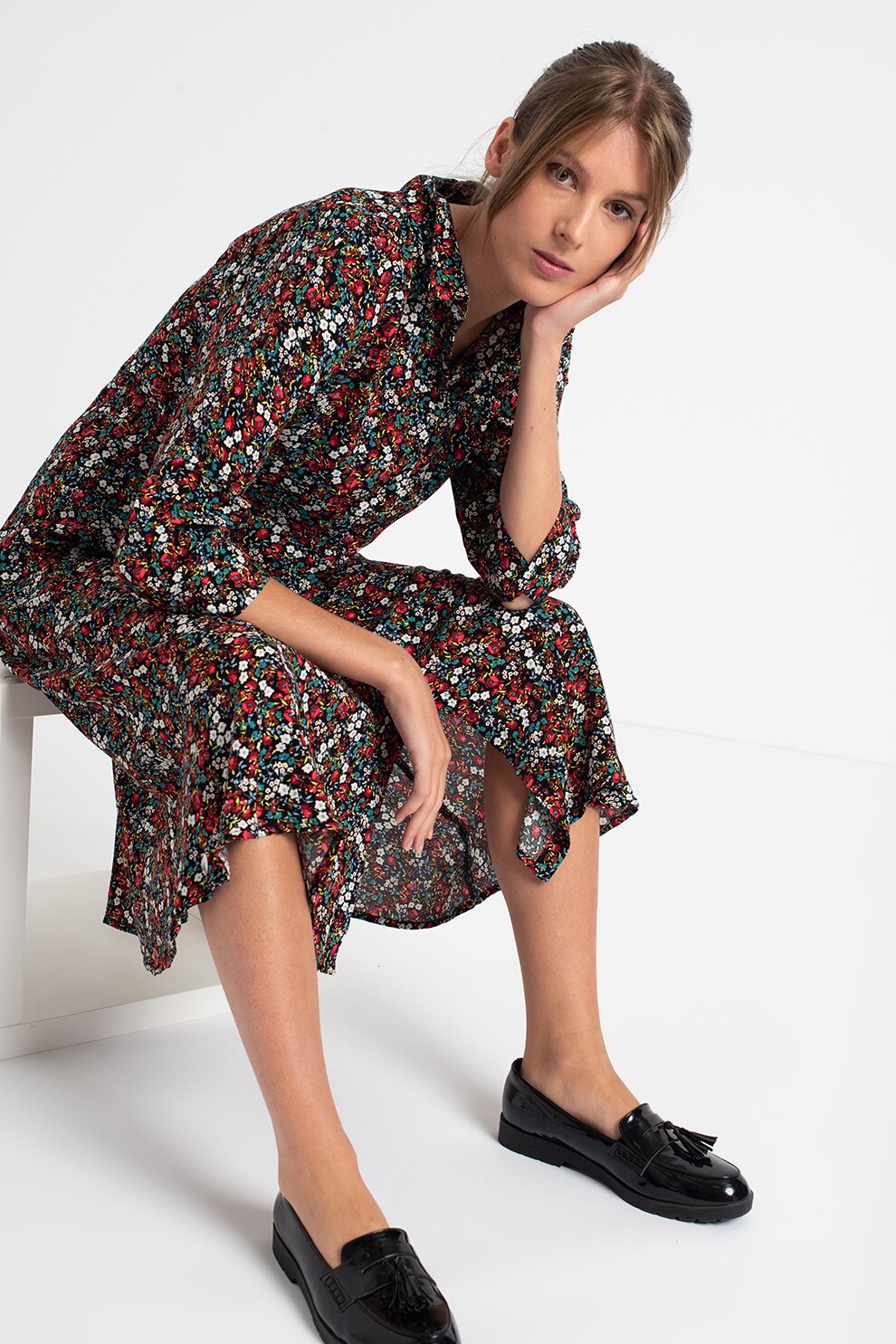 JdY, Rochie-camasa cu imprimeu si maneci trei sferturi, Negru/Verde/Rosu