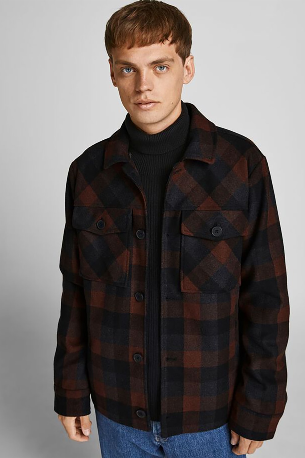 Jack&Jones, Jacheta tip camasa din amestec de lana cu model in carouri, Maro coniac/Bleumarin
