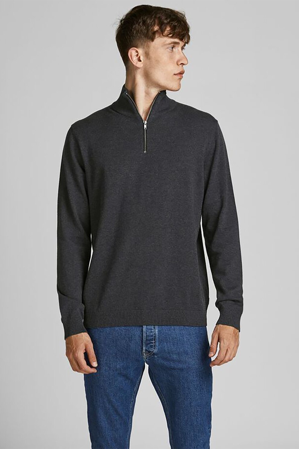 Jack&Jones, Pulover cu fenta cu fermoar, Gri inchis melange