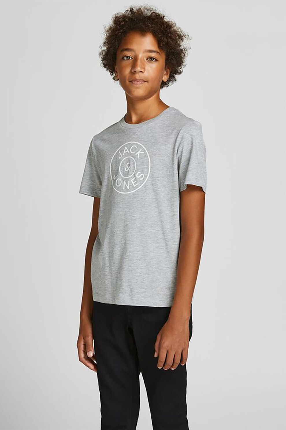 Jack&Jones,Tricou cu imprimeu logo si decolteu la baza gatului, Gri deschis melange