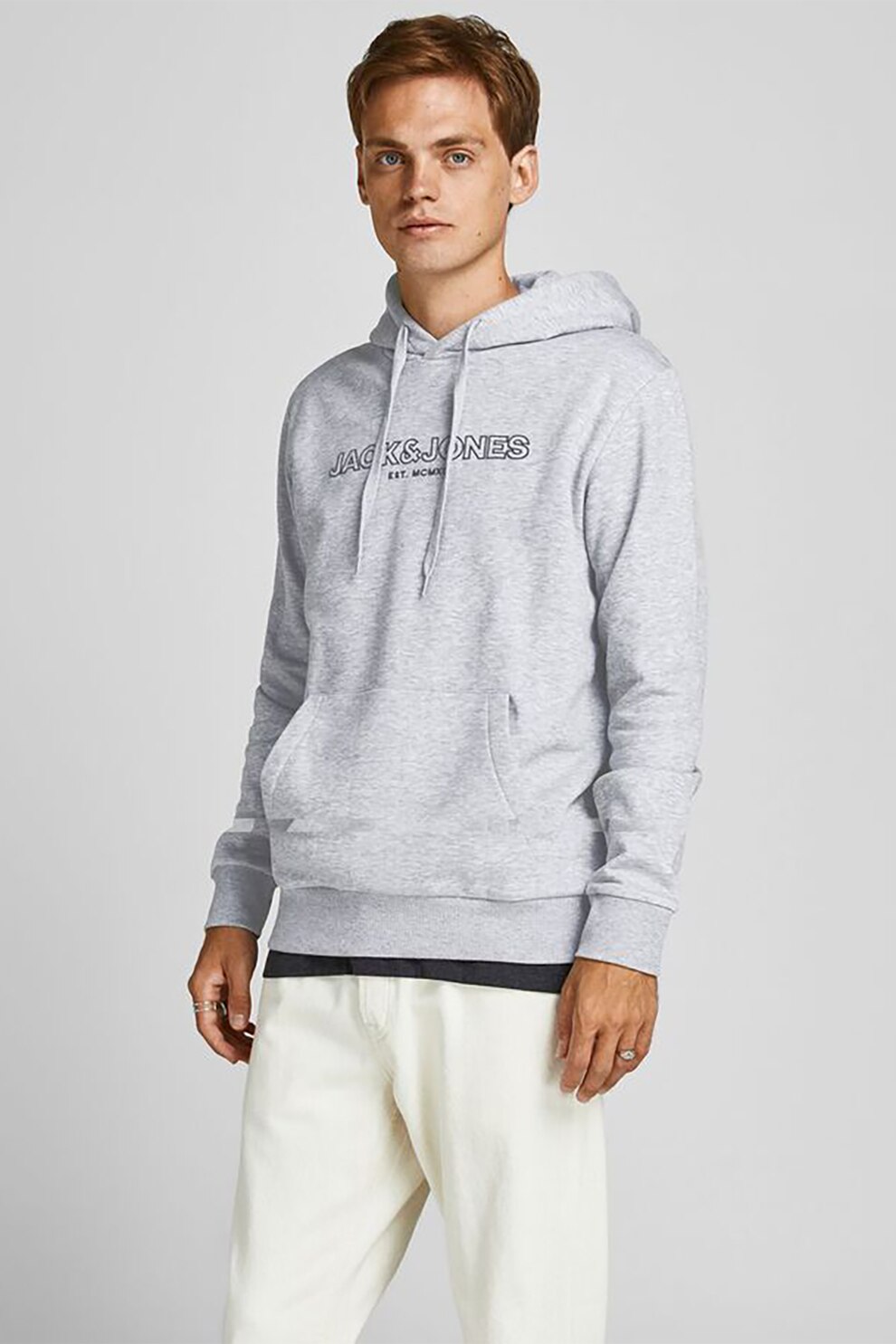 Jack&Jones, Hanorac cu imprimeu logo Bank, Gri deschis melange, L