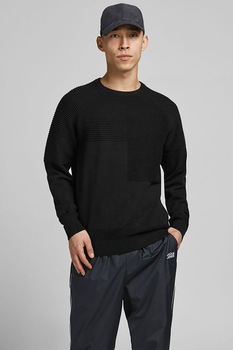 Jack&Jones, Pulover de bumbac cu detalii striate, Albastru petrol Jack&Jones, Pulover de bumbac cu detalii striate, Albastru petrol