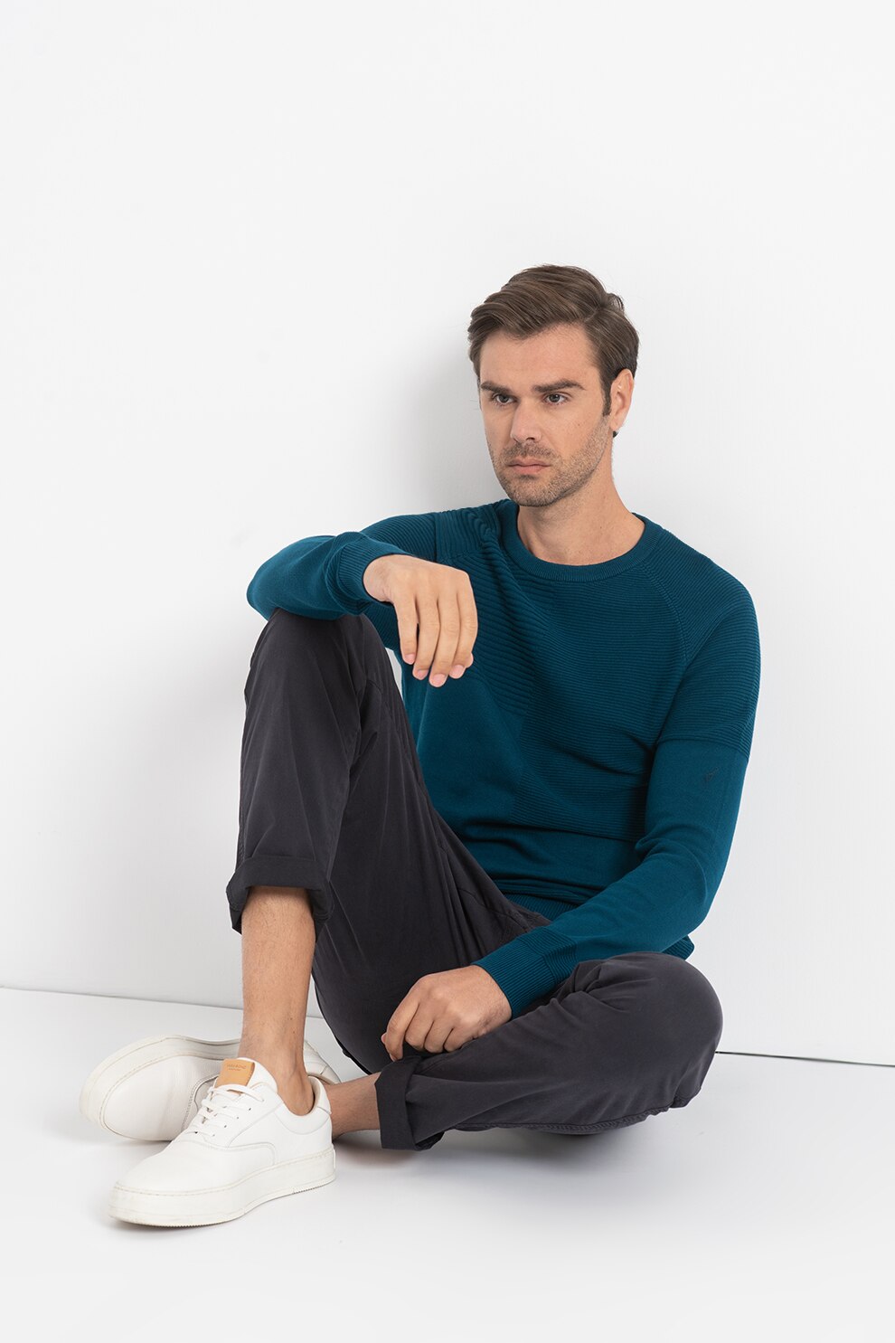 Jack&Jones, Pulover de bumbac cu detalii striate, Albastru petrol