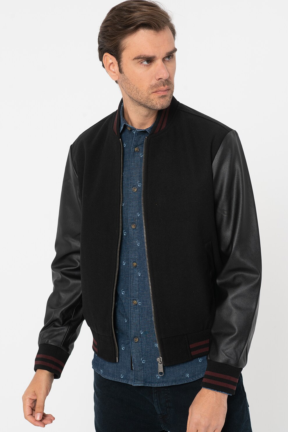 Jack&Jones, Jacheta bomber cu maneci de piele ecologica Nico, Negru