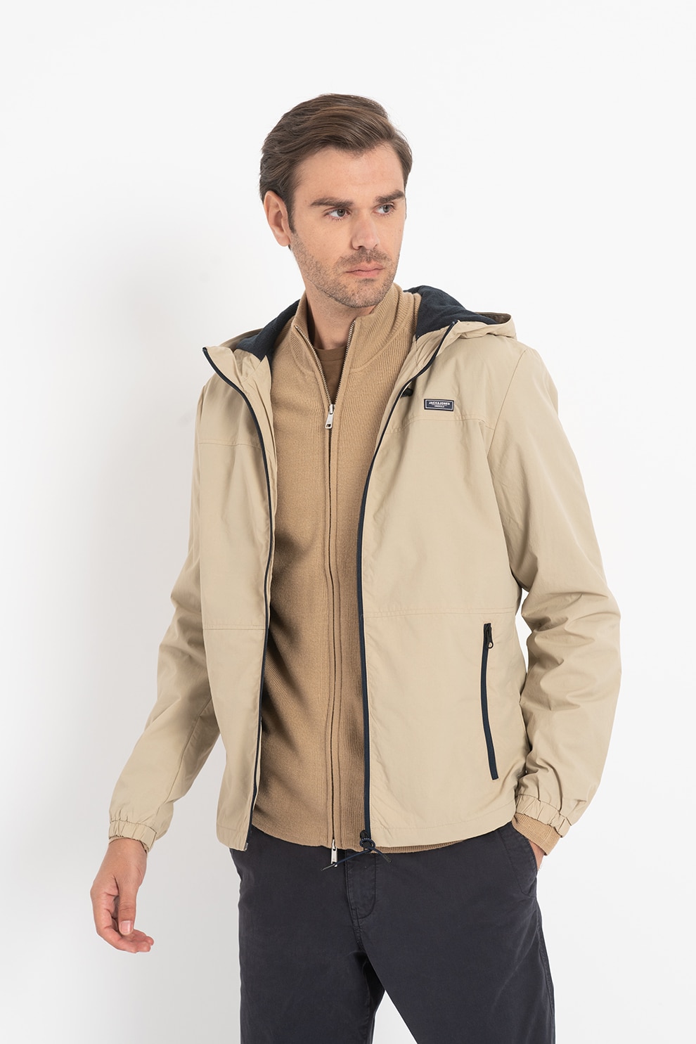 Jack&Jones, Jacheta cu gluga si fermoar Reed, Bej