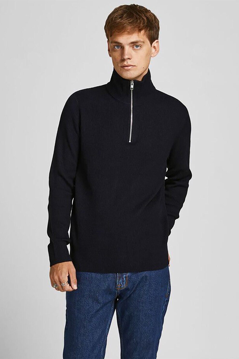 Jack&Jones, Pulover din amestec de bumbac organic cu fenta cu fermoar, Negru