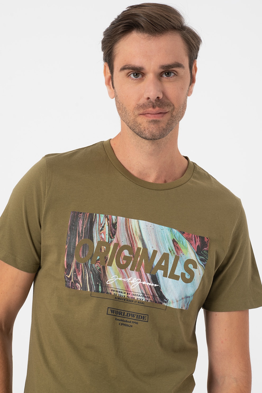 Jack&Jones, Tricou regular fit de bumbac cu imprimeu logo Swirl, Verde oliv