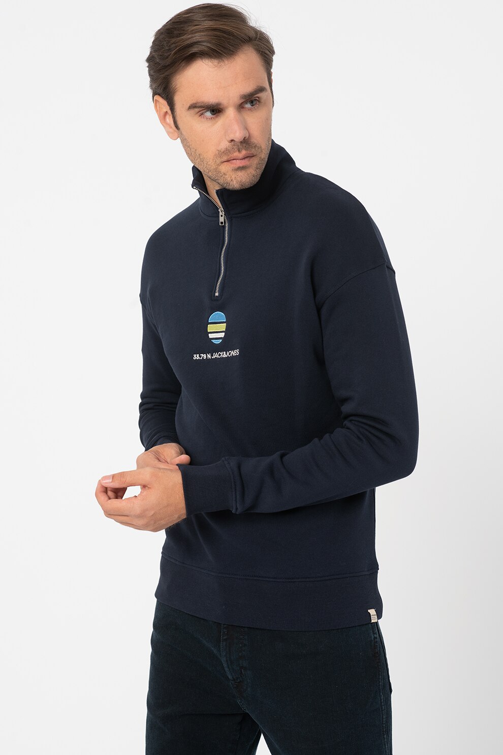 Jack&Jones, Bluza relaxed fit cu fenta scurta cu fermoar Clayton, Bleumarin