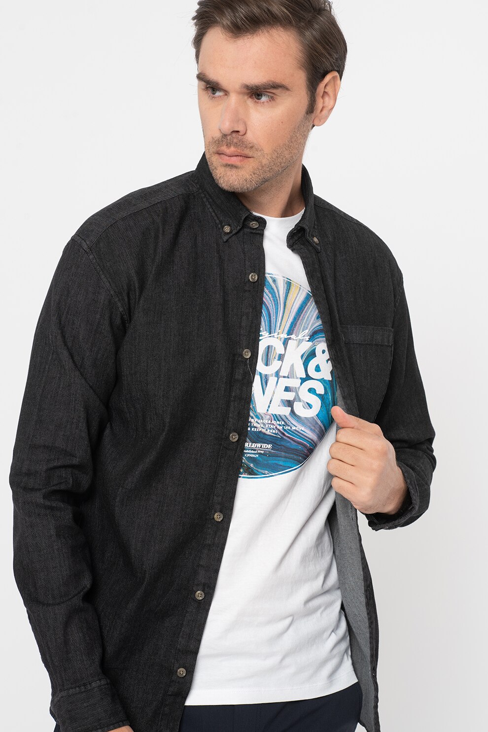 Jack&Jones, Camasa slim fit de denim, Negru stins