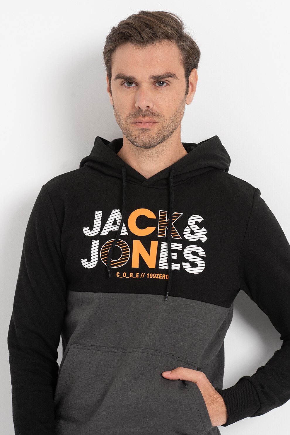 Jack&Jones, Hanorac cu imprimeu logo Steve, Negru/Oranj
