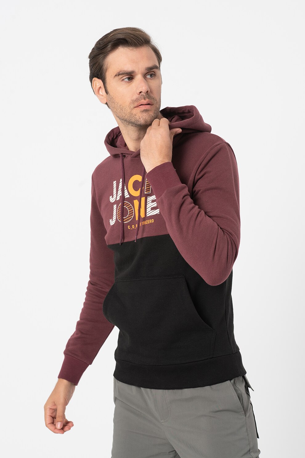 Jack&Jones, Hanorac cu imprimeu logo Steve, Rosu bordeaux/Negru