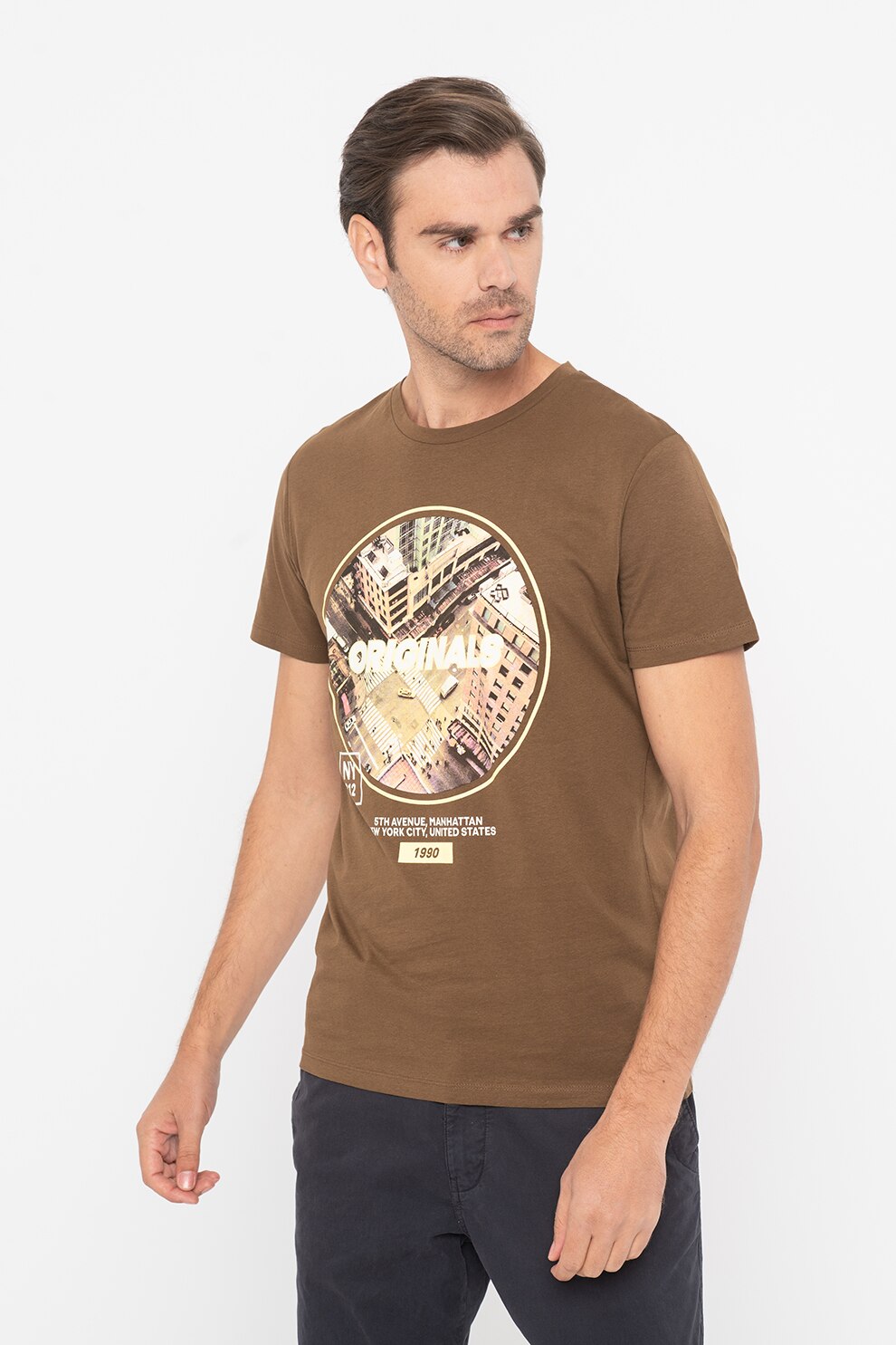 Jack&Jones, Tricou cu decolteu la baza gatului si imprimeu logo Booster, Maro