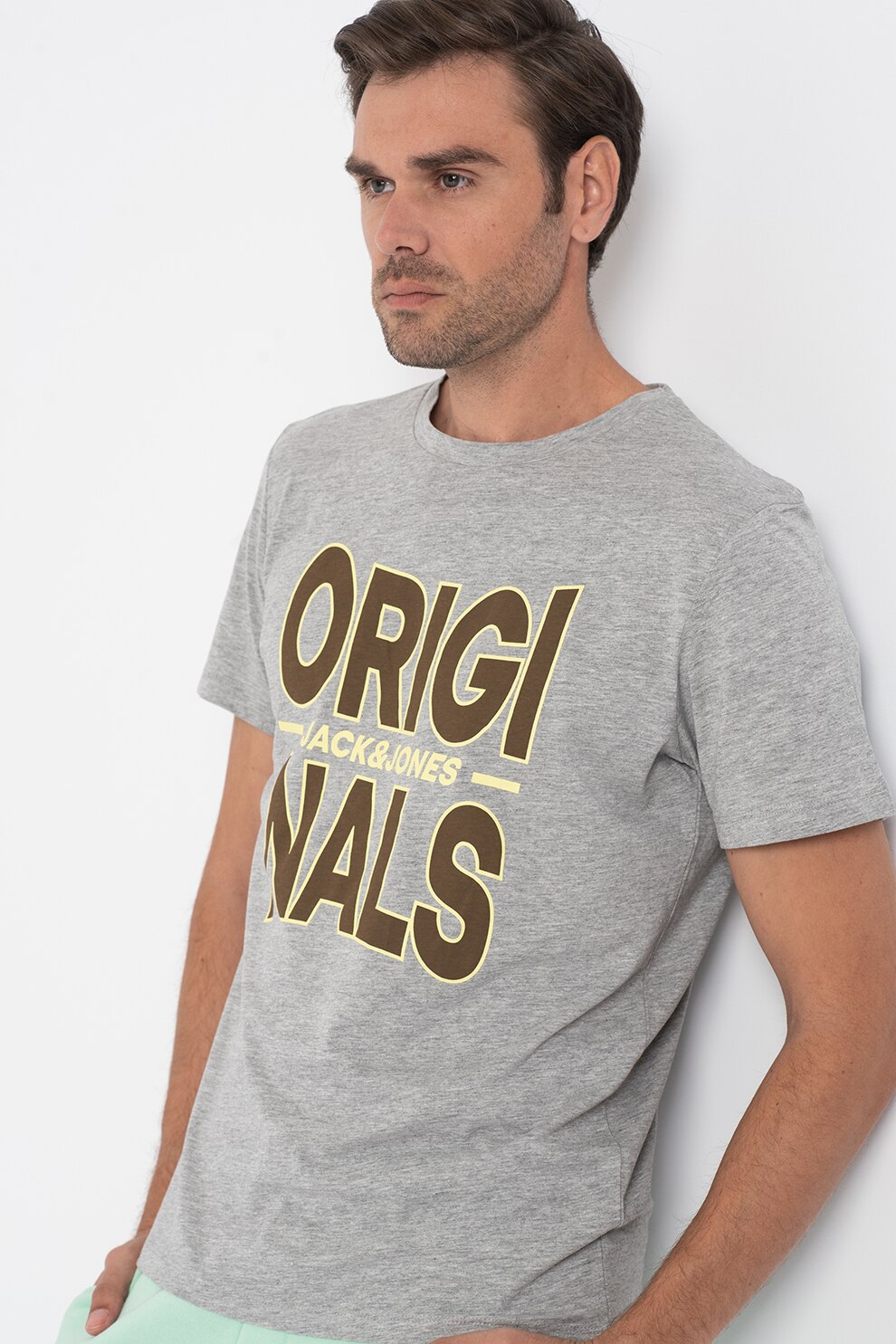 Jack&Jones, Tricou cu decolteu la baza gatului si imprimeu logo Booster, Gri melange