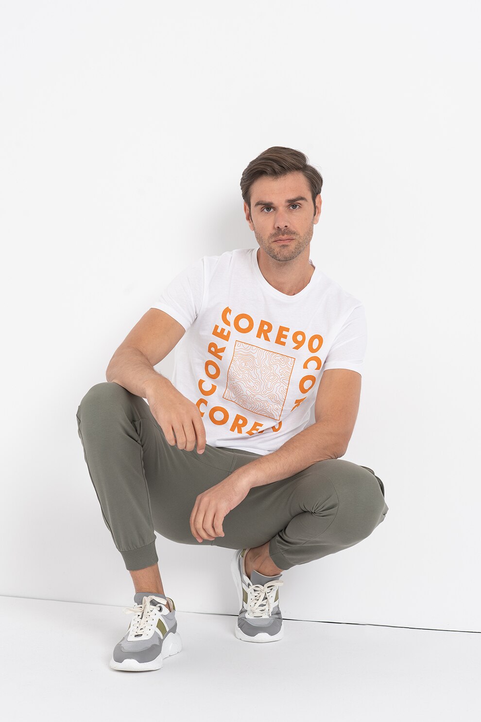 Jack&Jones, Tricou cu model grafic Booster, Alb/Portocaliu