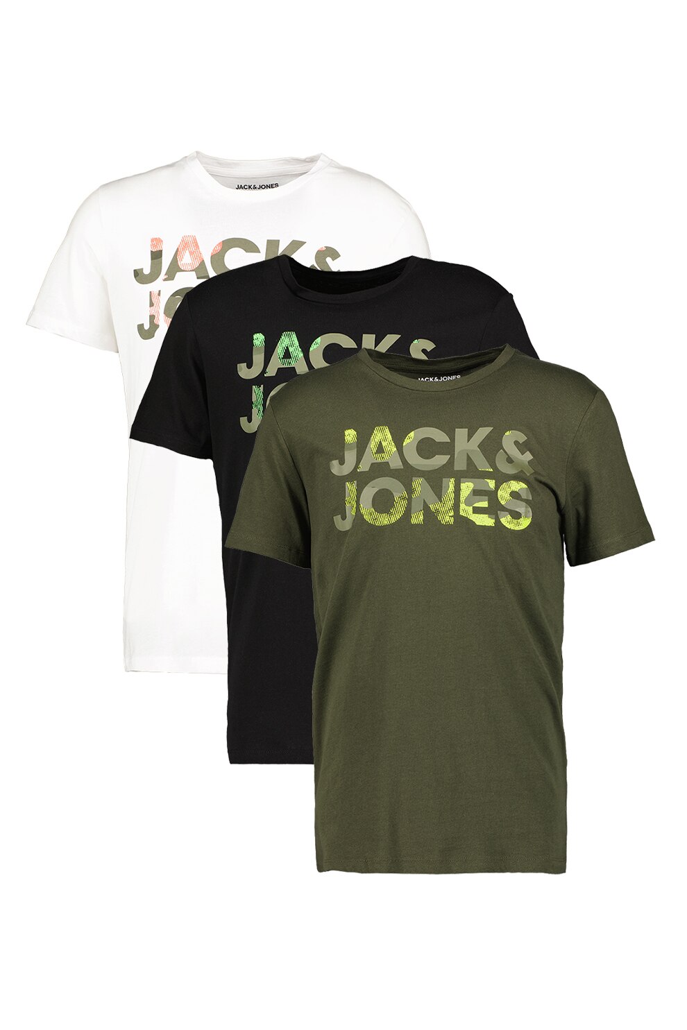 Jack&Jones, Set de tricouri cu imprimeu logo - 3 piese, Negru/alb/verde forest, S